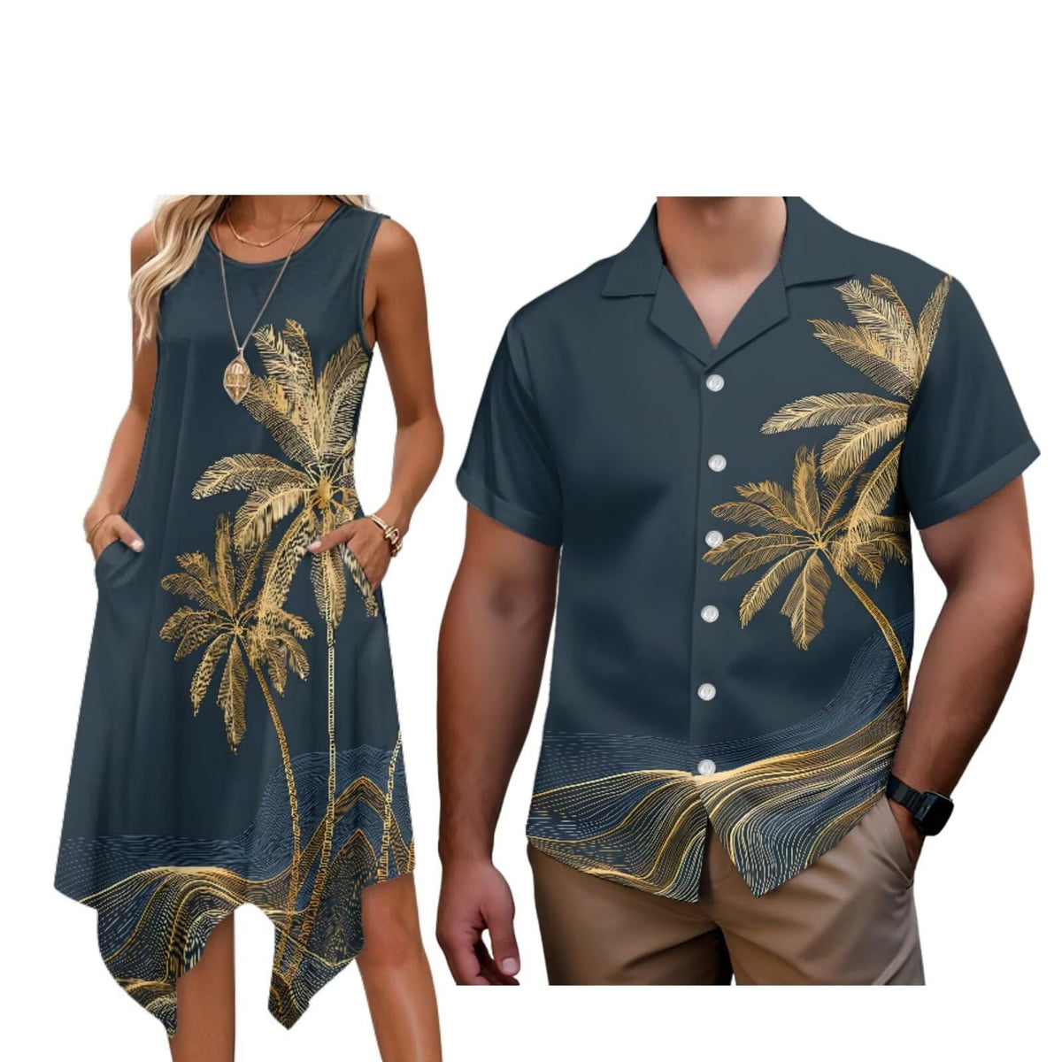 Matching Hawaiian Outfits for Couples Womens Asymmetrical Midi Dress Mens Beach Shirts Short Sleeve Button Up Shirt