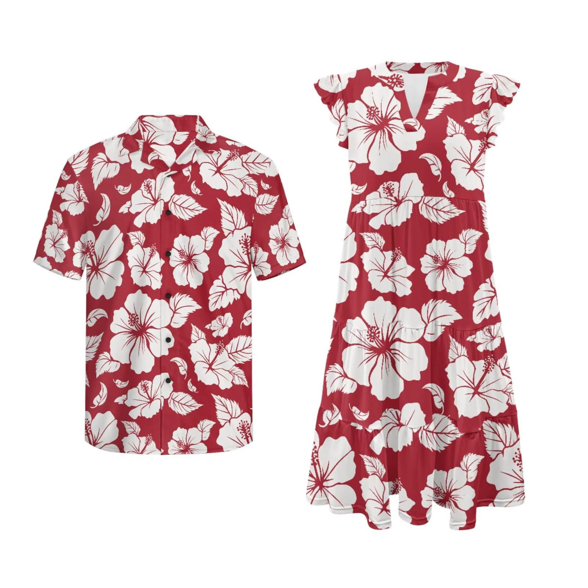 His and Hers Matching Hawaiian Outfits Mens Button Down Shirt Flowy Tiered Midi Dress