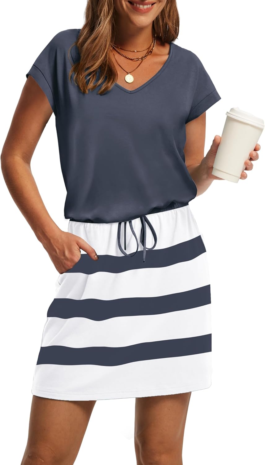 OFEEFAN Summer Dresses for Women 2026 V Neck T Shirt Casual Mini Dresses Tie Waist Sundresses with Pockets