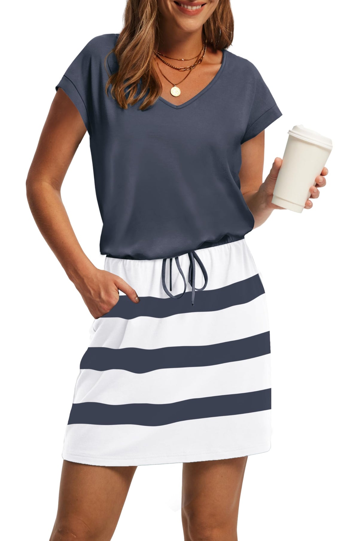OFEEFAN Summer Dresses for Women 2026 V Neck T Shirt Casual Mini Dresses Tie Waist Sundresses with Pockets