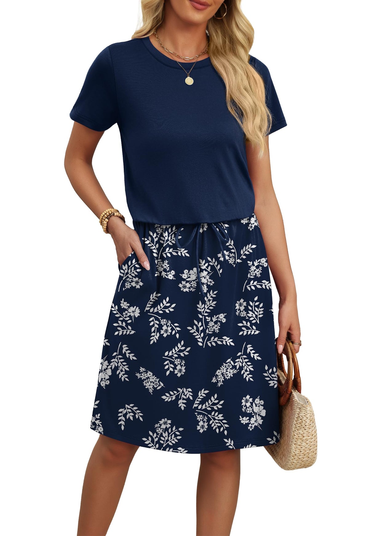 OFEEFAN Womens Summer Dresses Fashion Short Sleeve Crew Neck T Shirt Sundresses Casual Tie Waist with Pockets