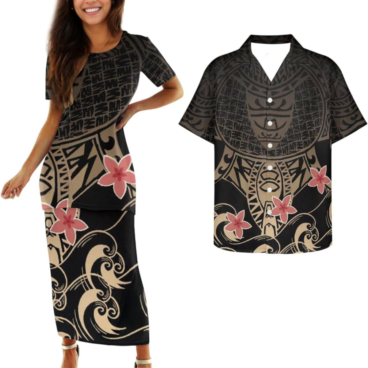 Samoa Couple Outfit Polynesian Dress for Women Traditional Puletasi Shirts for Men Beach Lava Lava Luau
