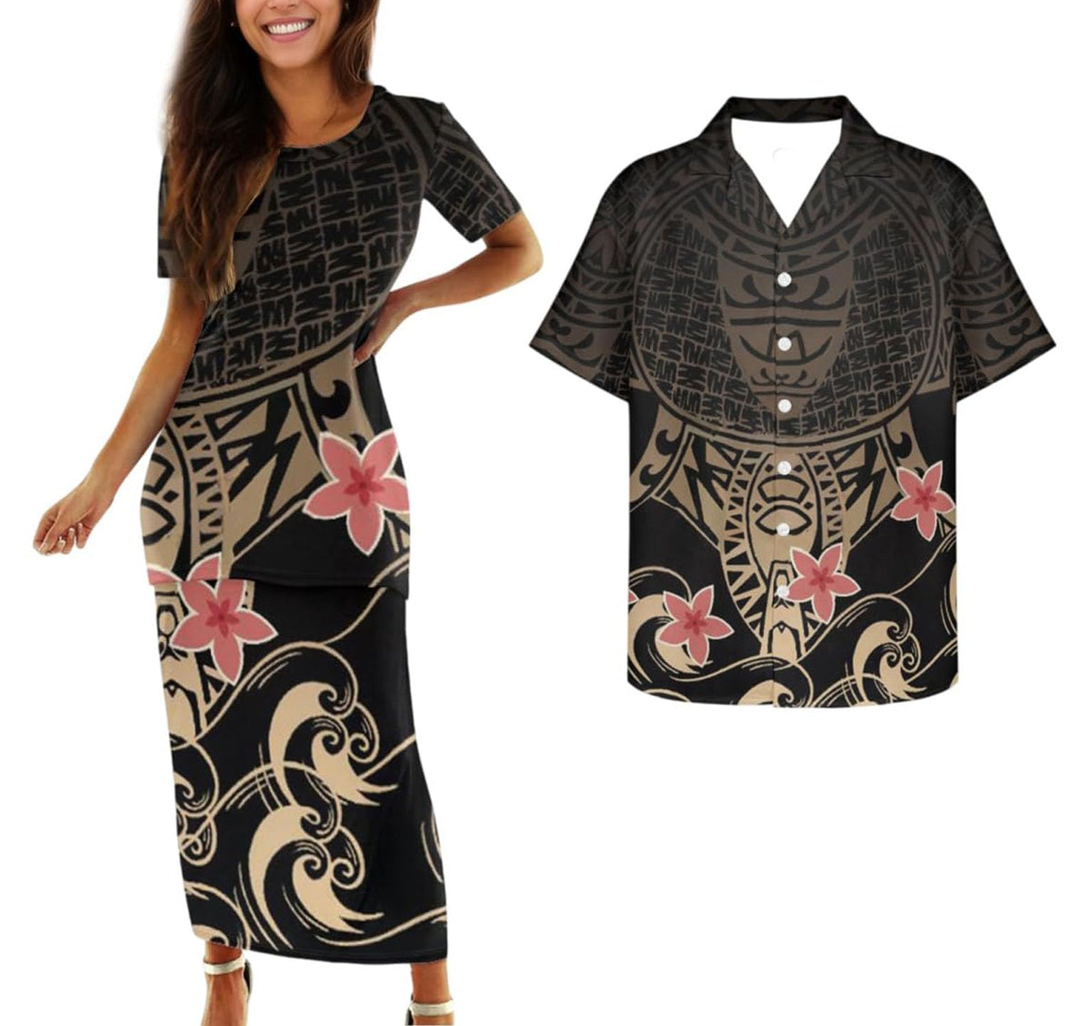 Samoa Couple Outfit Polynesian Dress for Women Traditional Puletasi Shirts for Men Beach Lava Lava Luau