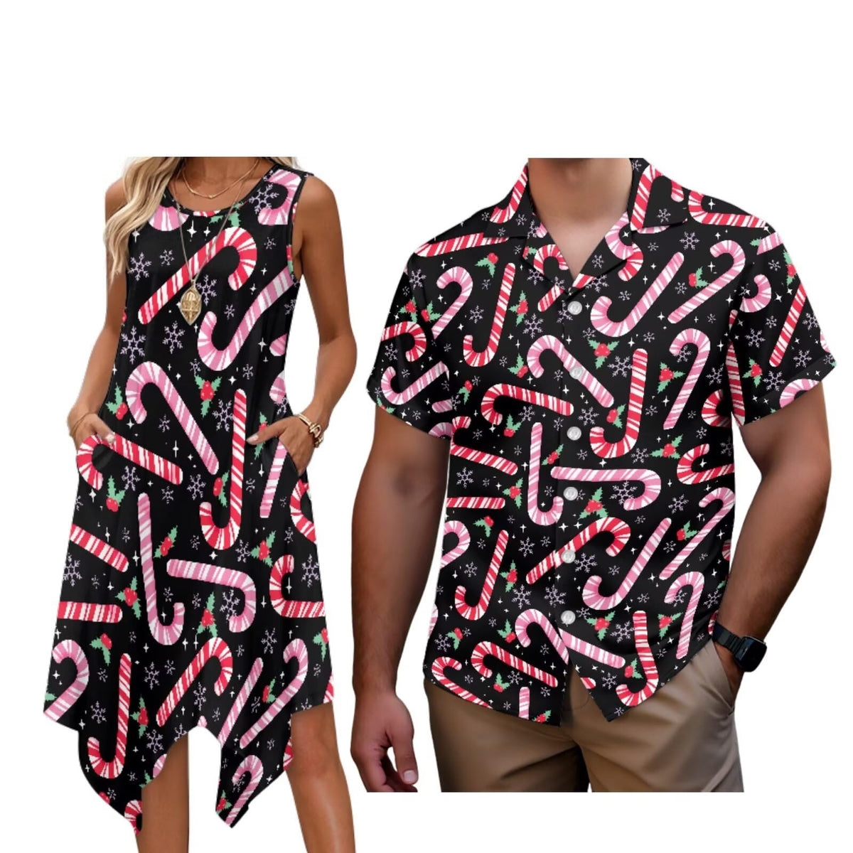 Matching Hawaiian Outfits for Couples Womens Asymmetrical Midi Dress Mens Beach Shirts Short Sleeve Button Up Shirt