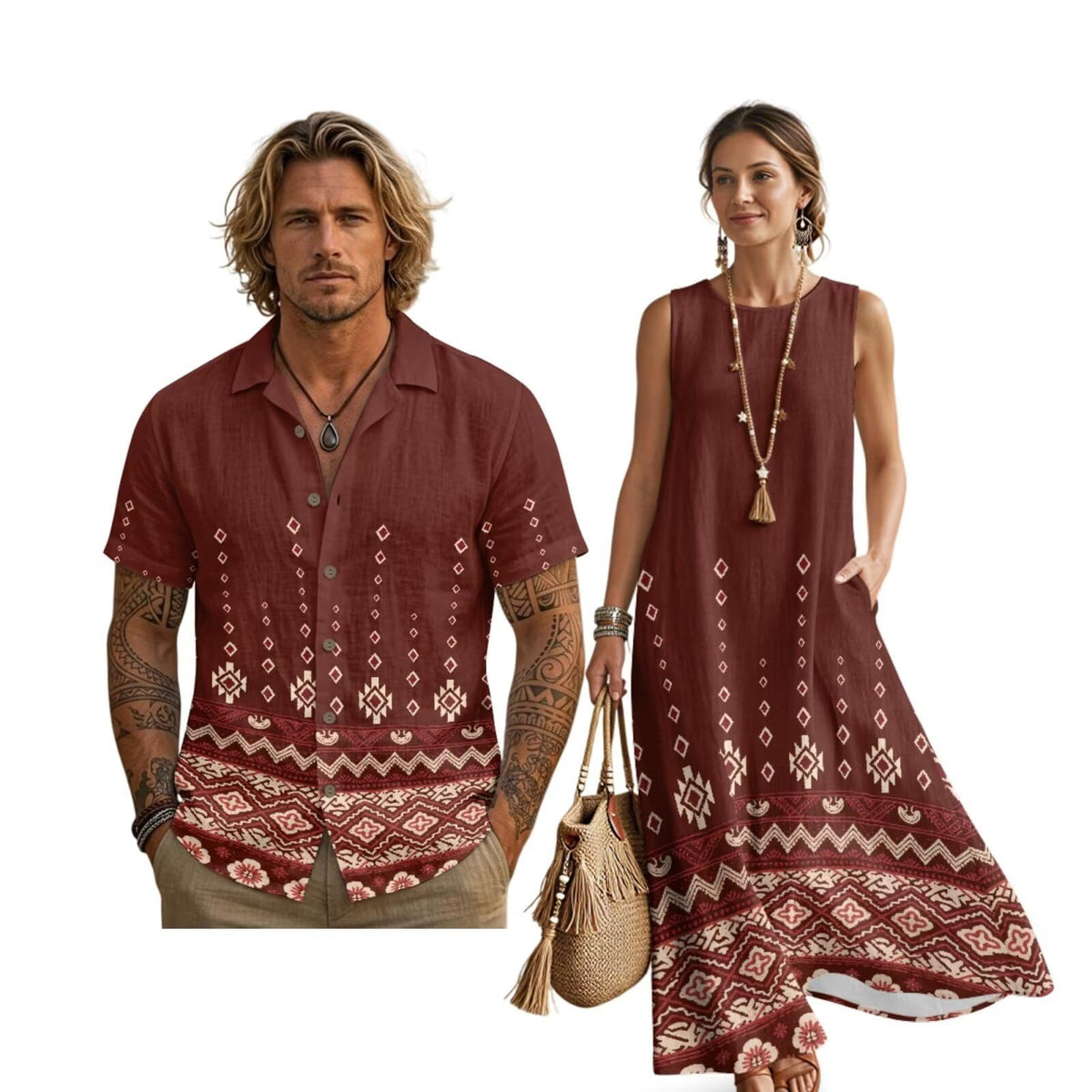 Women's Summer Dresses Sleeveless Sundresses, Men's Button Down Short Sleeve Shirts, Linen Couple Matching Outfits