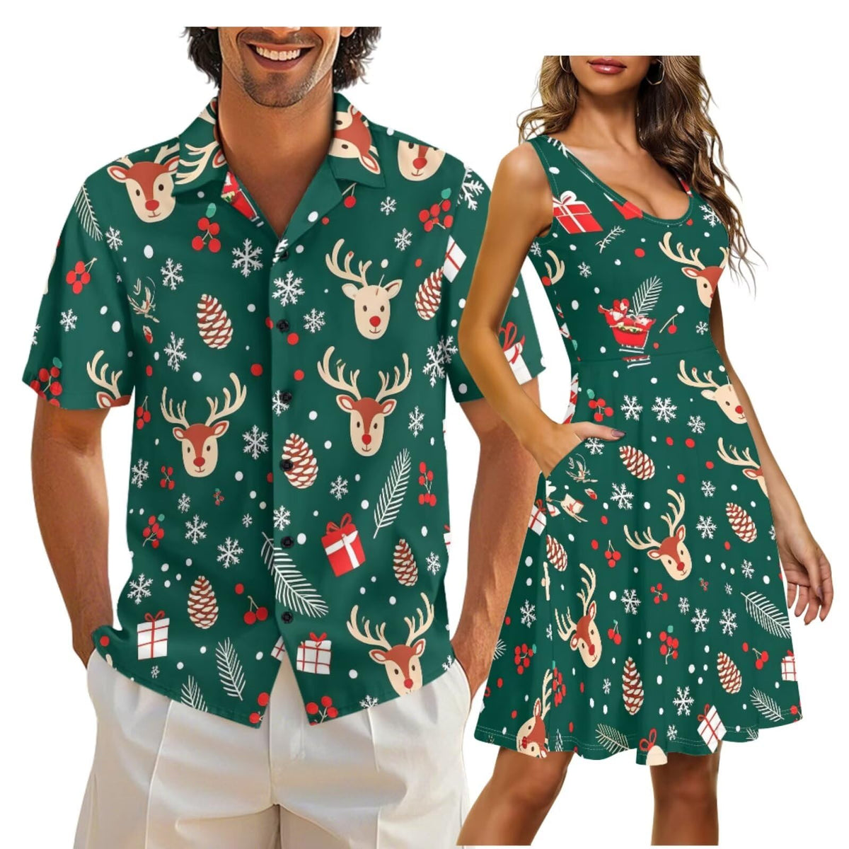 Gomyblomy Matching Hawaiian Outfits for Couples Vacation Tropical Floral Women Dress Mens Shirts His and Hers Clothing