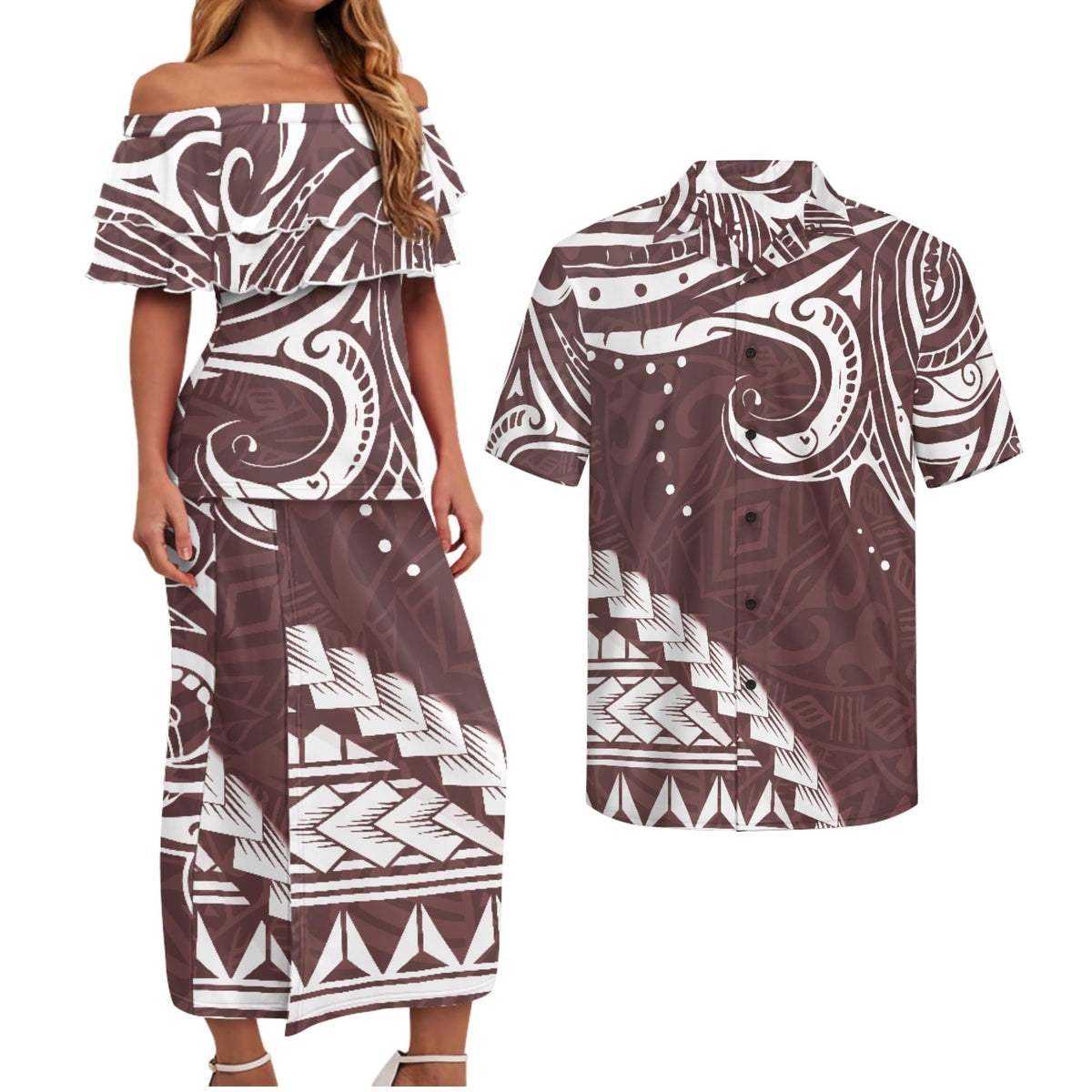 Polynesian Couples Matching Outfits Short Sleeve Puletsai Samoan Traditional Dress & Man Shirts