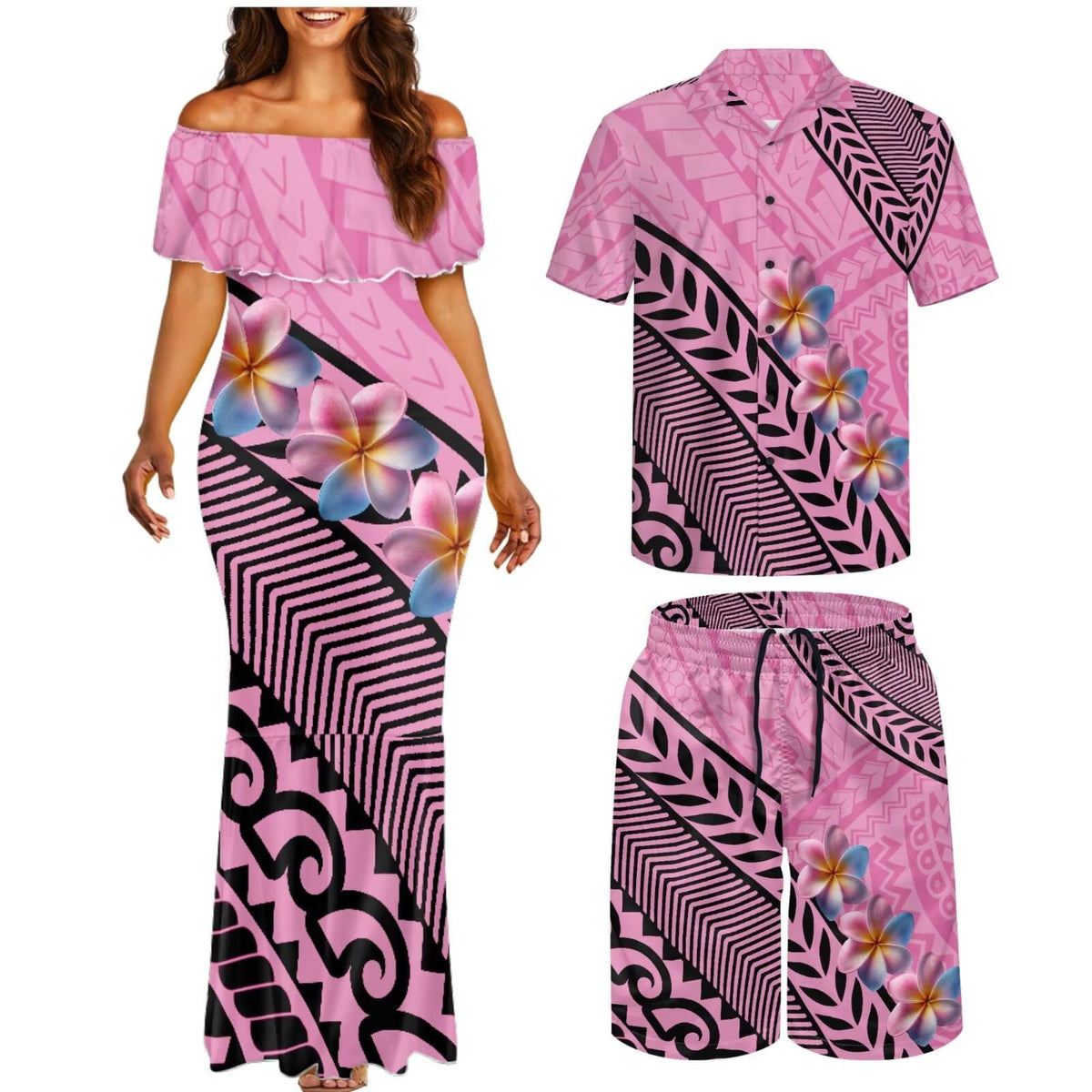 Matchable Couple Hawaiian Polynesian Puletasi Samoa Womens Dress with Mens Shirt and Mens Shorts Couple Set