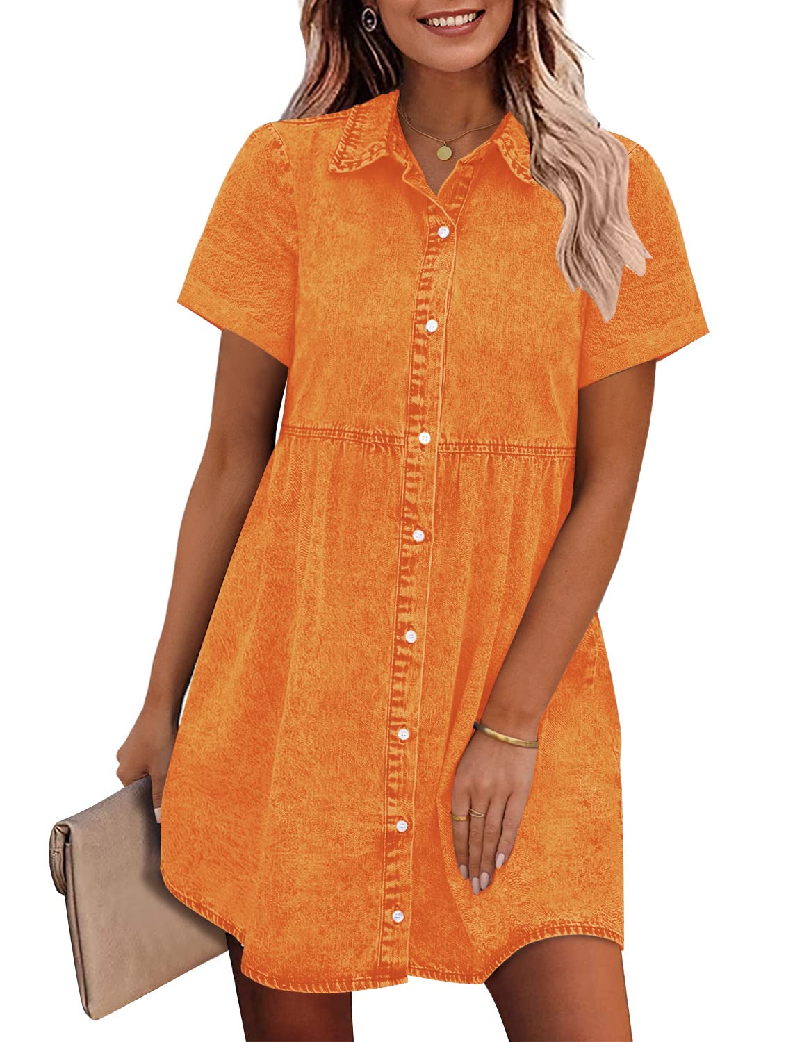 GRAPENT Denim Dress for Women Babydoll Tiered Short Sleeve Button Down Jean Shirt Dresses
