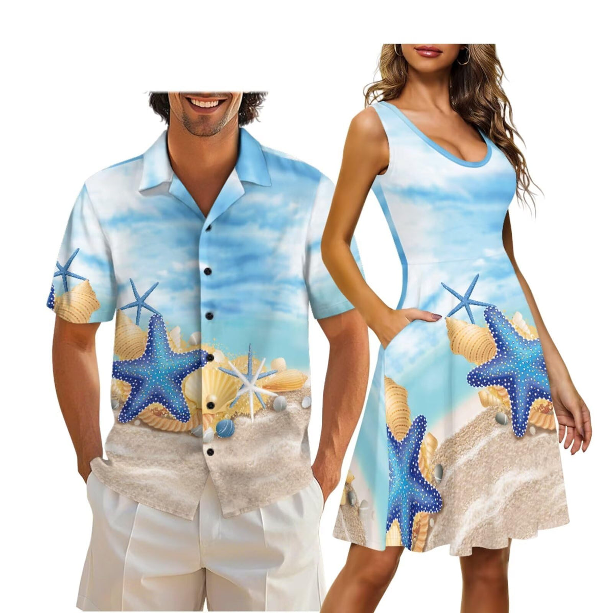 Cozeyat Matching Hawaiian Outfits for Couples Mens Button Up Polos Shirt and Women Sleeveless Sundress with Pockets