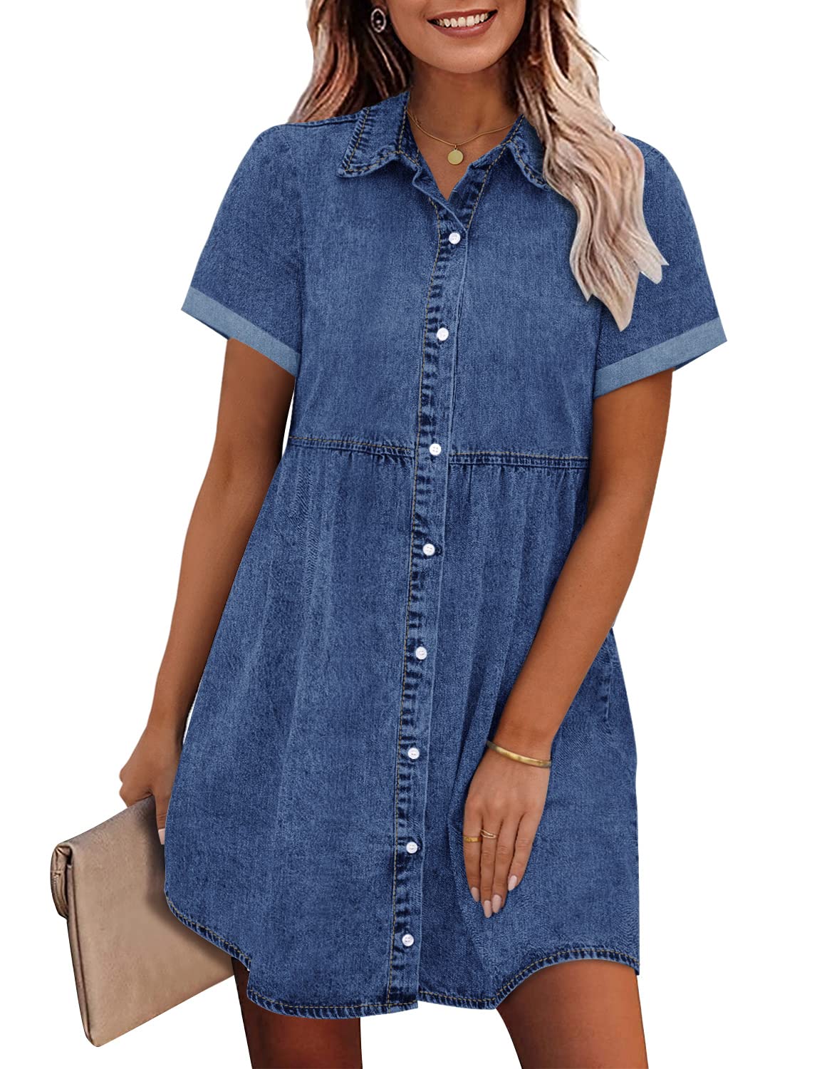 GRAPENT Denim Dress for Women Babydoll Tiered Short Sleeve Button Down Jean Shirt Dresses