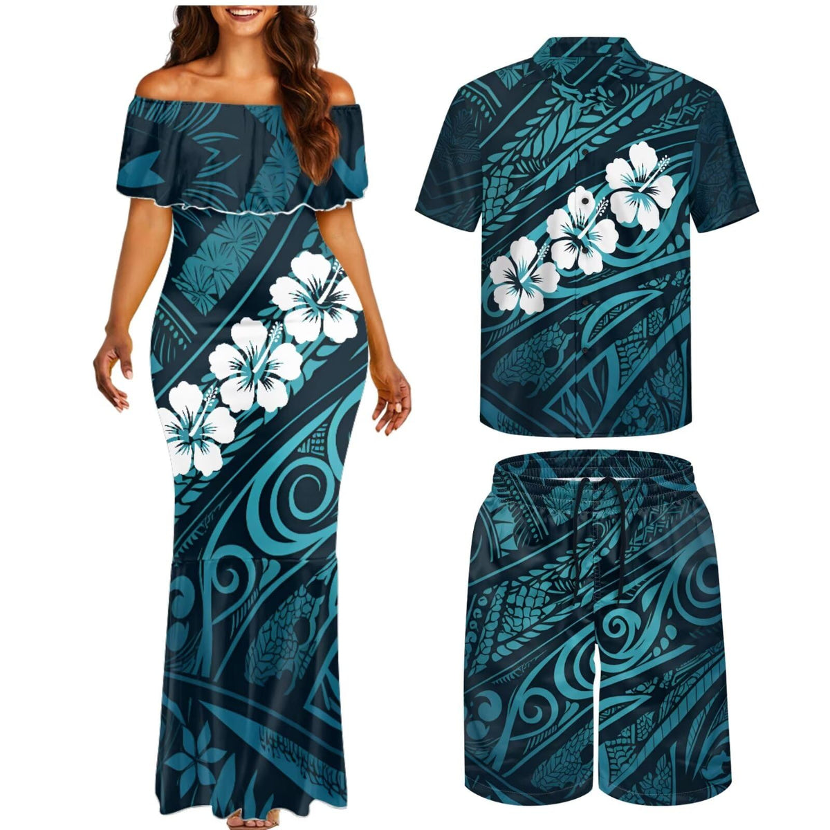 Matchable Couple Hawaiian Polynesian Puletasi Samoa Womens Dress with Mens Shirt and Mens Shorts Couple Set