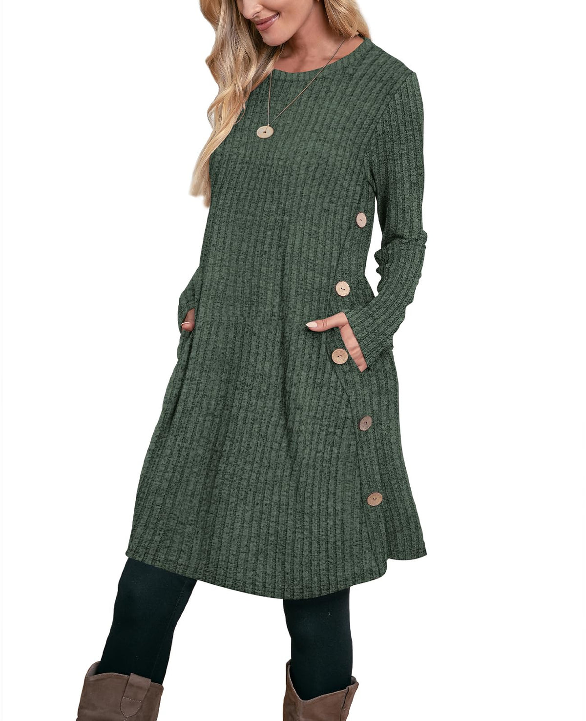 OFEEFAN Fall Dresses for Women 2026 Crew Neck Long Sleeve Dress with Pockets