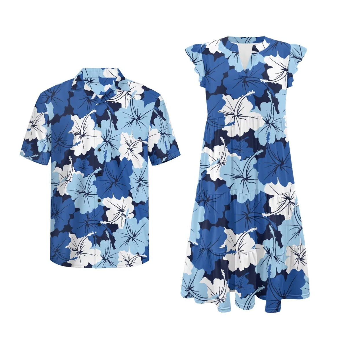 His and Hers Matching Hawaiian Outfits Mens Button Down Shirt Flowy Tiered Midi Dress