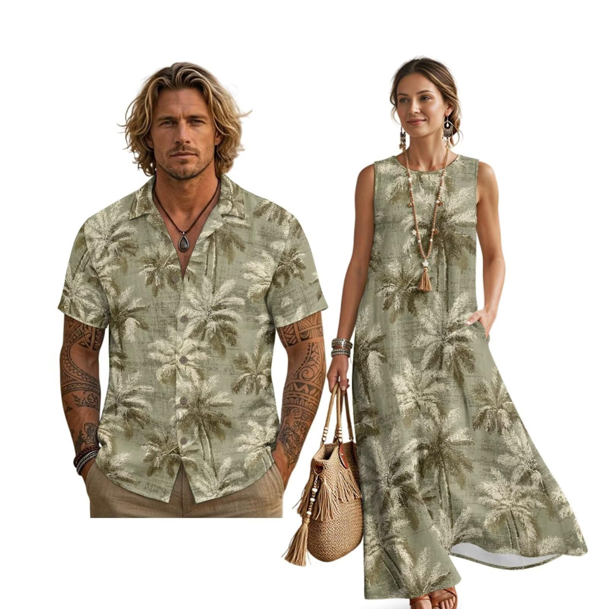 Women's Summer Dresses Sleeveless Sundresses, Men's Button Down Short Sleeve Shirts, Linen Couple Matching Outfits