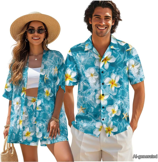 Matching Hawaiian Outfits for Couples Beach Sets Women 2 Piece Outfits Vacation Sets Men Shirt for Luau Party