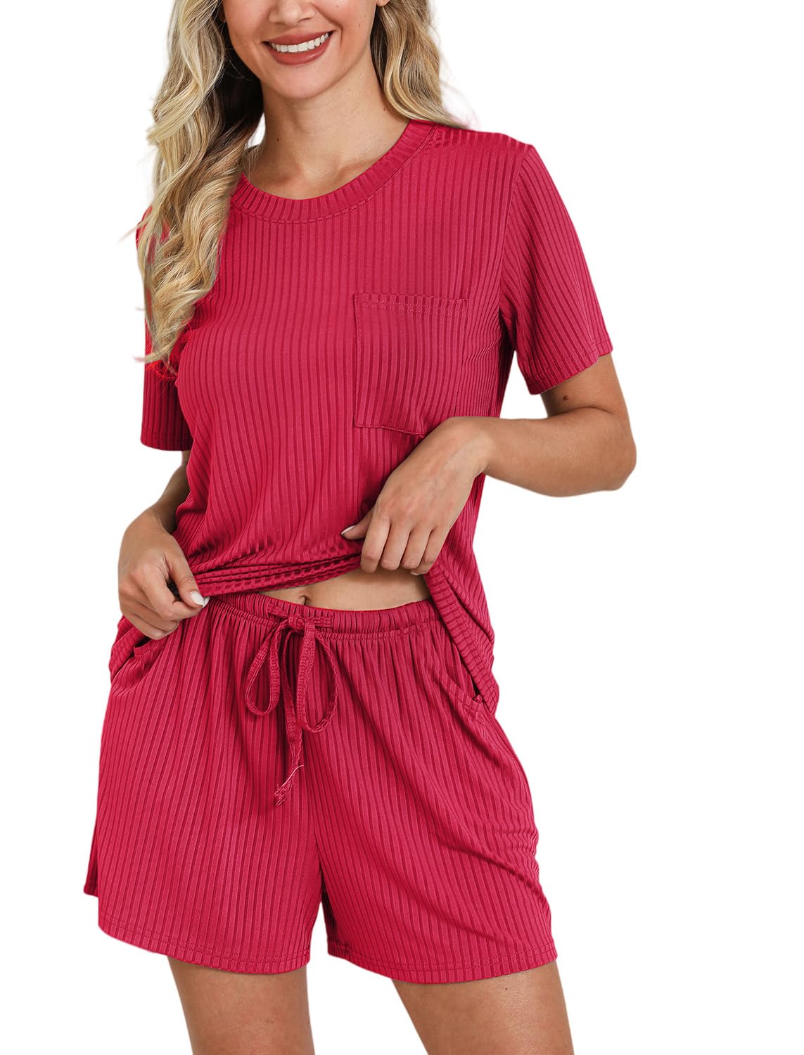 EISHOPEER Matching Pajamas for Couples 2 Piece Lounge Set Ribbed Knit Pajama Matching Tops and Shorts Soft Sleepwear S-XXL