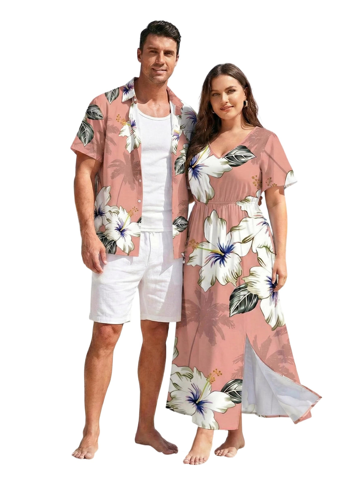 Matchable Couple Hawaiian Sea Beach Starfish Turtle Shell Print Shirt or Plus Size Midi Split A Line Dress