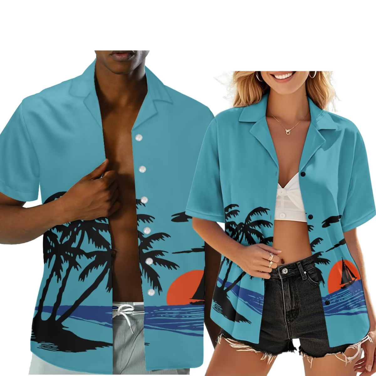 Hawaiian Couples Matching Shirt for Men Women Hawaii Outfit for Husband and Wife Beach Vacation Button Down Shirt