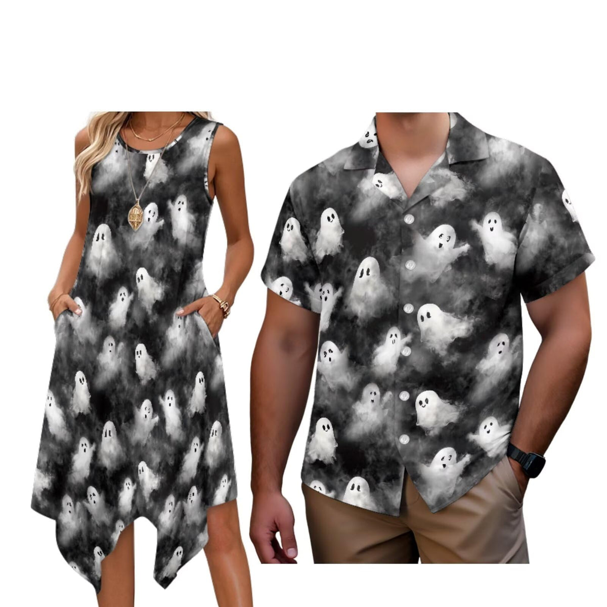 Matching Hawaiian Outfits for Couples Womens Asymmetrical Midi Dress Mens Beach Shirts Short Sleeve Button Up Shirt