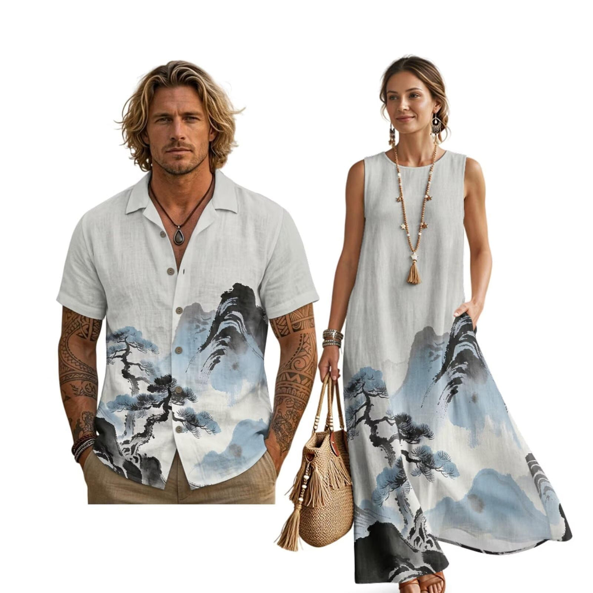 Women's Summer Dresses Sleeveless Sundresses, Men's Button Down Short Sleeve Shirts, Linen Couple Matching Outfits