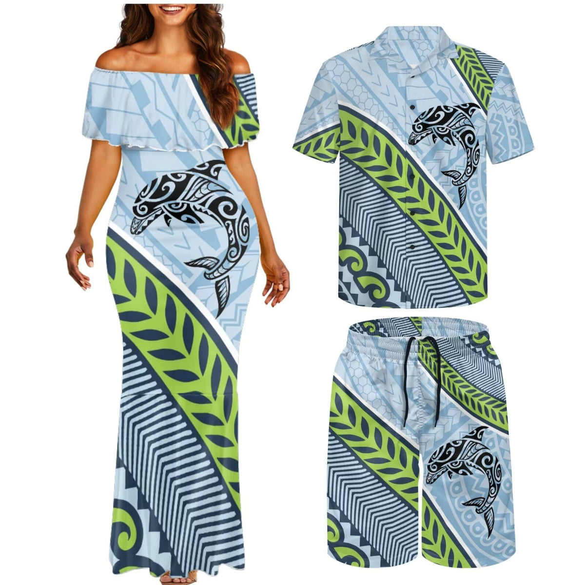 Matchable Couple Hawaiian Polynesian Puletasi Samoa Womens Dress with Mens Shirt and Mens Shorts Couple Set