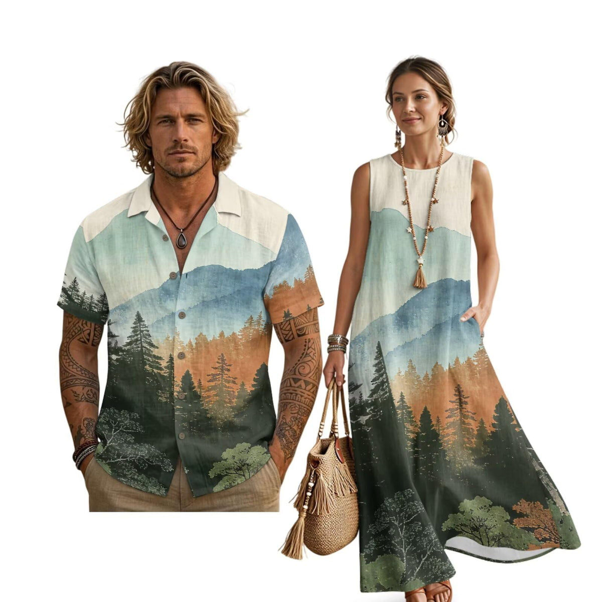 Women's Summer Dresses Sleeveless Sundresses, Men's Button Down Short Sleeve Shirts, Linen Couple Matching Outfits