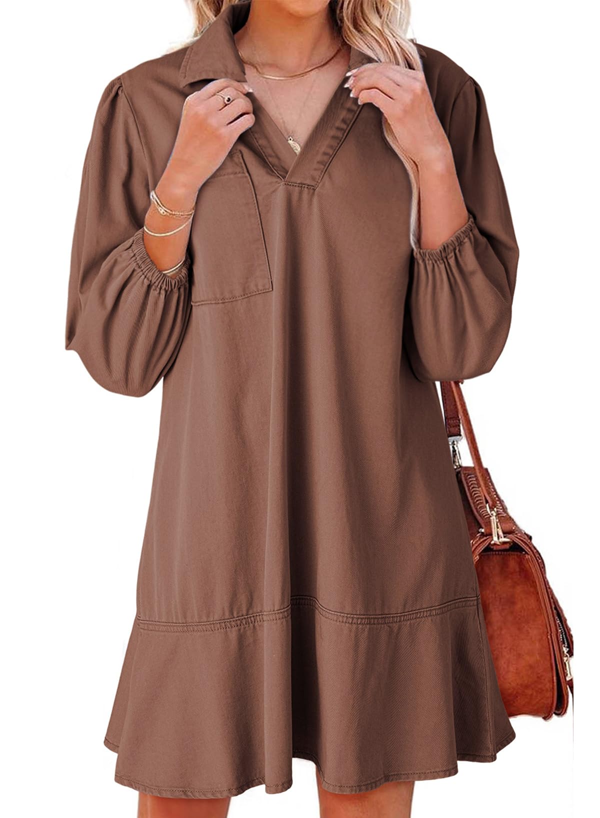 Dokotoo Denim Dress for Women Fall 3/4 Puff Sleeve Babydoll Jean Dress