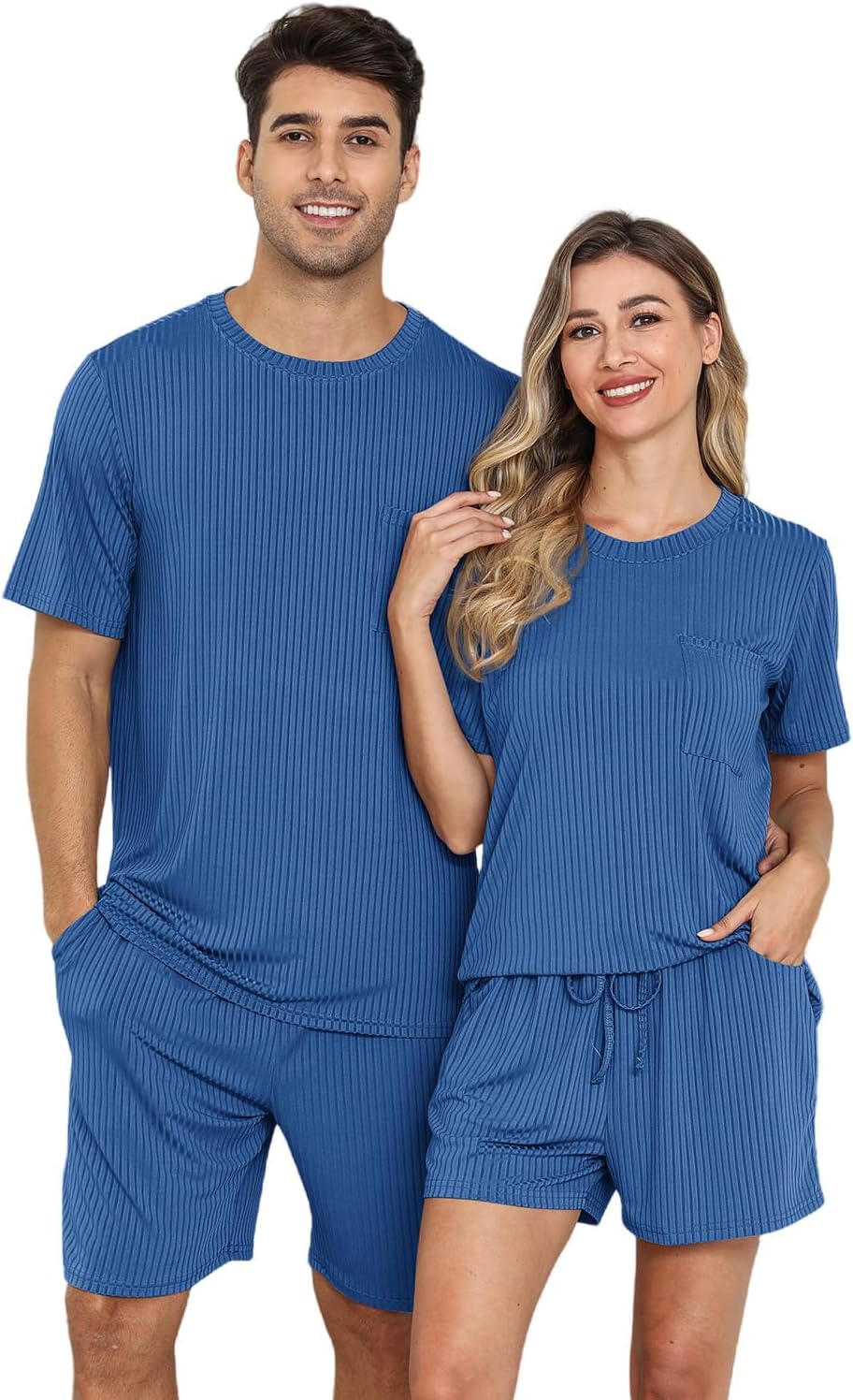 EISHOPEER Matching Pajamas for Couples 2 Piece Lounge Set Ribbed Knit Pajama Matching Tops and Shorts Soft Sleepwear S-XXL