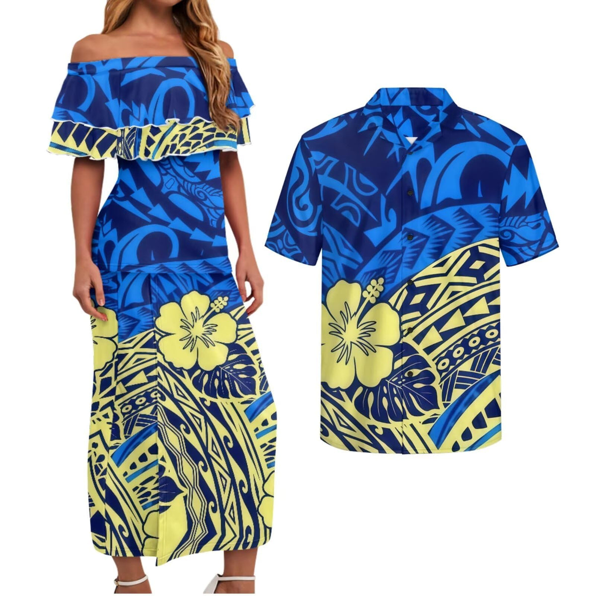 Polynesian Couples Matching Outfits Short Sleeve Puletsai Samoan Traditional Dress & Man Shirts