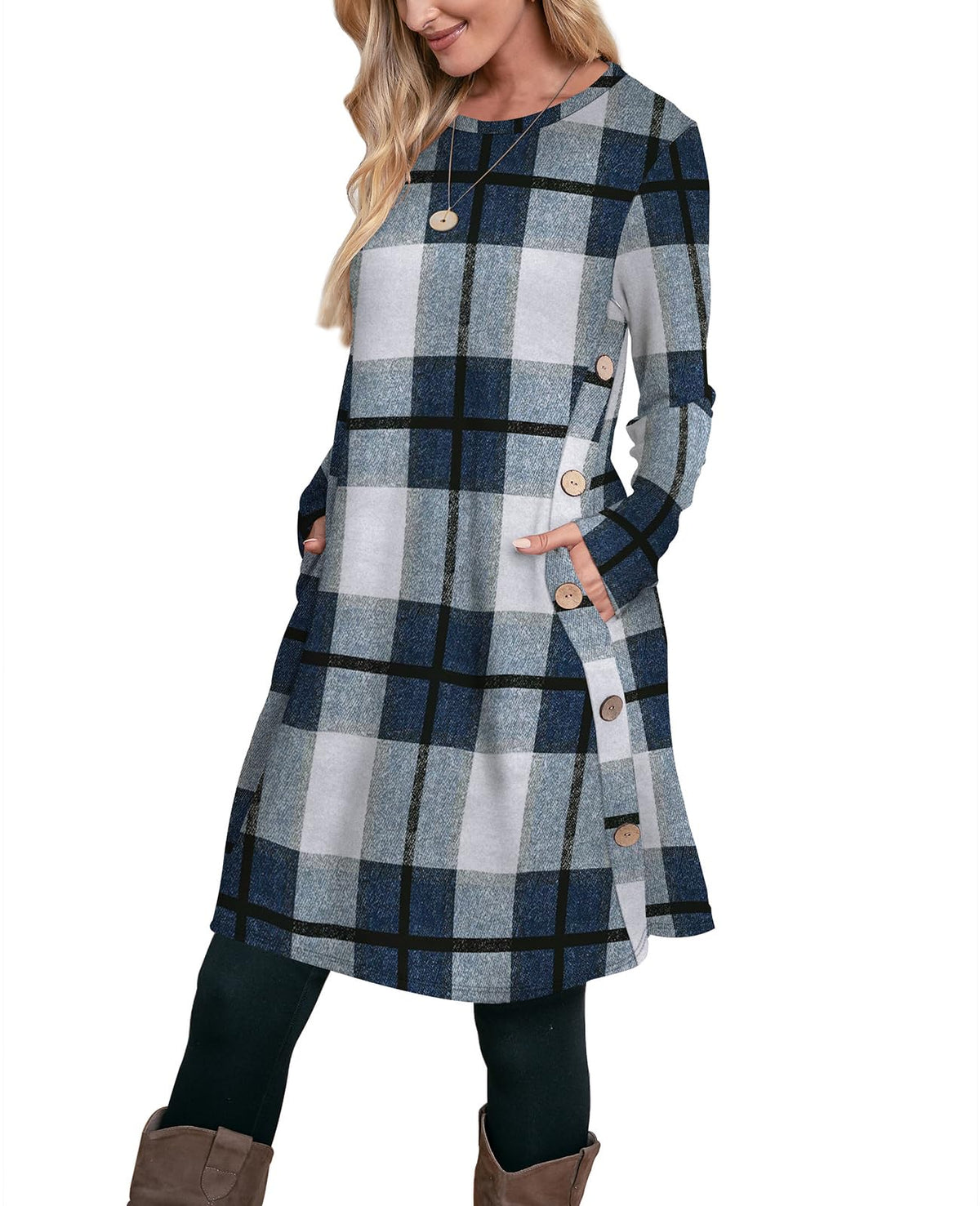 OFEEFAN Fall Dresses for Women 2026 Crew Neck Long Sleeve Dress with Pockets