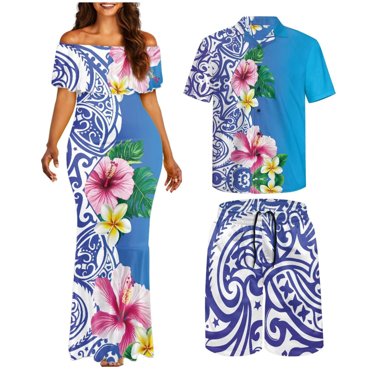 Matchable Couple Hawaiian Polynesian Puletasi Samoa Womens Dress with Mens Shirt and Mens Shorts Couple Set
