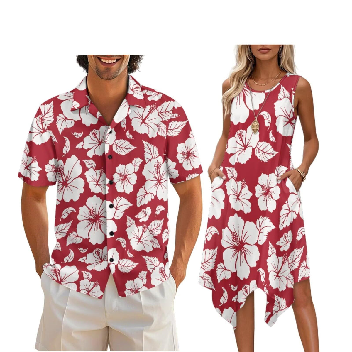 doginthehole Matching Hawaiian Outfits for Couples Men's Button Down Shirt Sleeveless Sundresses Summer Dress for Women