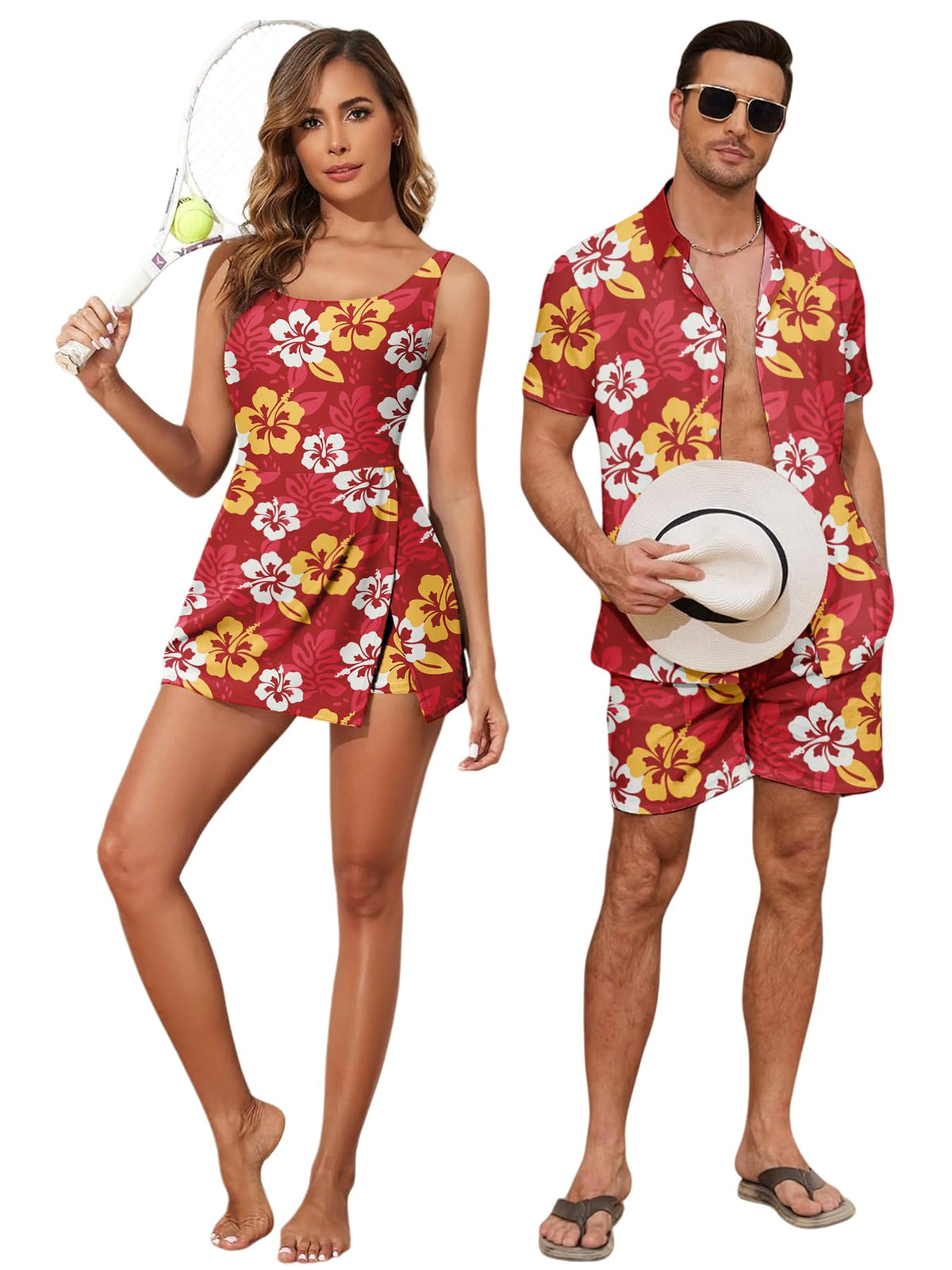 Matching Hawaiian Outfits Beach Vacation for Couples Tropical Print Women One Piece Swimwear or Men Shirt Suit