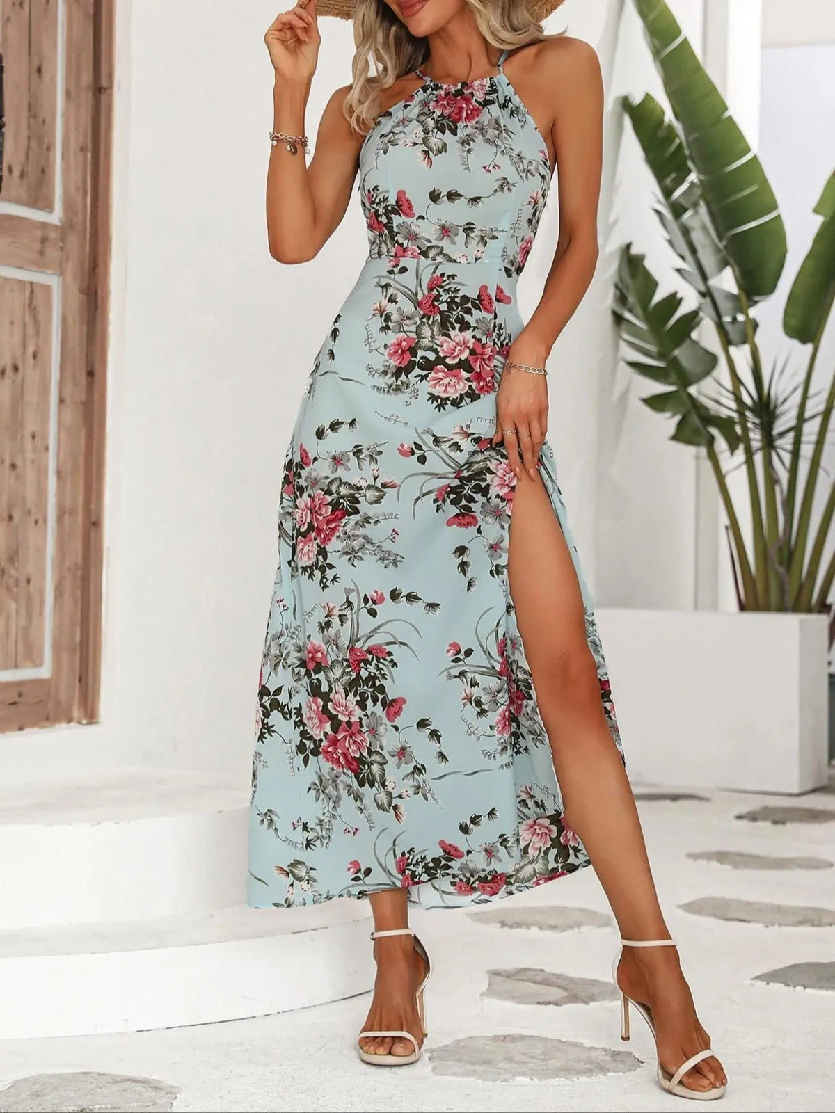 Women's Floral Print Split Thigh Halter Neck Dress, Tie Back Design, Boho Style, Sleeveless Long Dress, All Seasons, Elegant and Chic