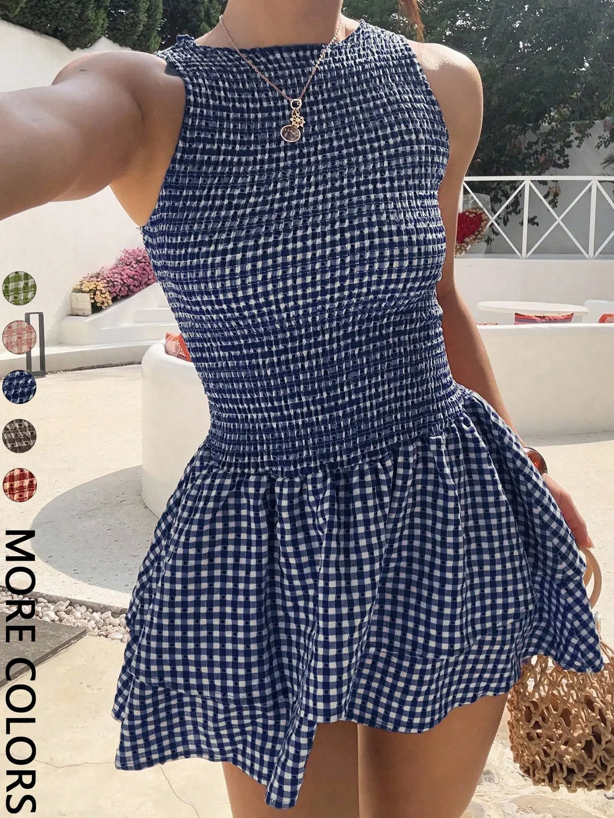 Women Sleeveless Round Neck Gingham Mini Dress Smocked Bodice Tiered Ruffle Hem A Line Short Dress Slim Fit Flowy Skirt Trendy Casual Outfit Versatile Summer Dress for Beach Vacation Daily Going Out Look
