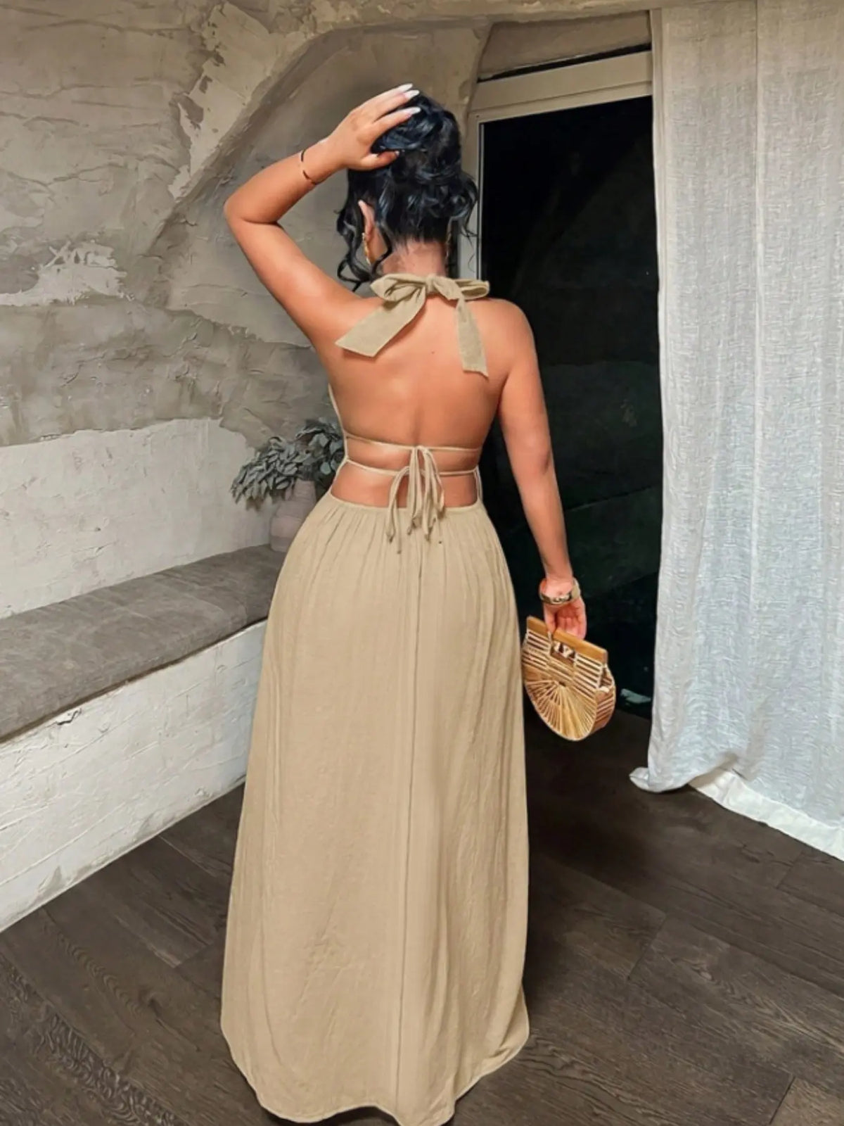 Women's Solid Color Deep V Neck Backless Ruched Design Sexy Maxi Dress,Summer Dresses For Women