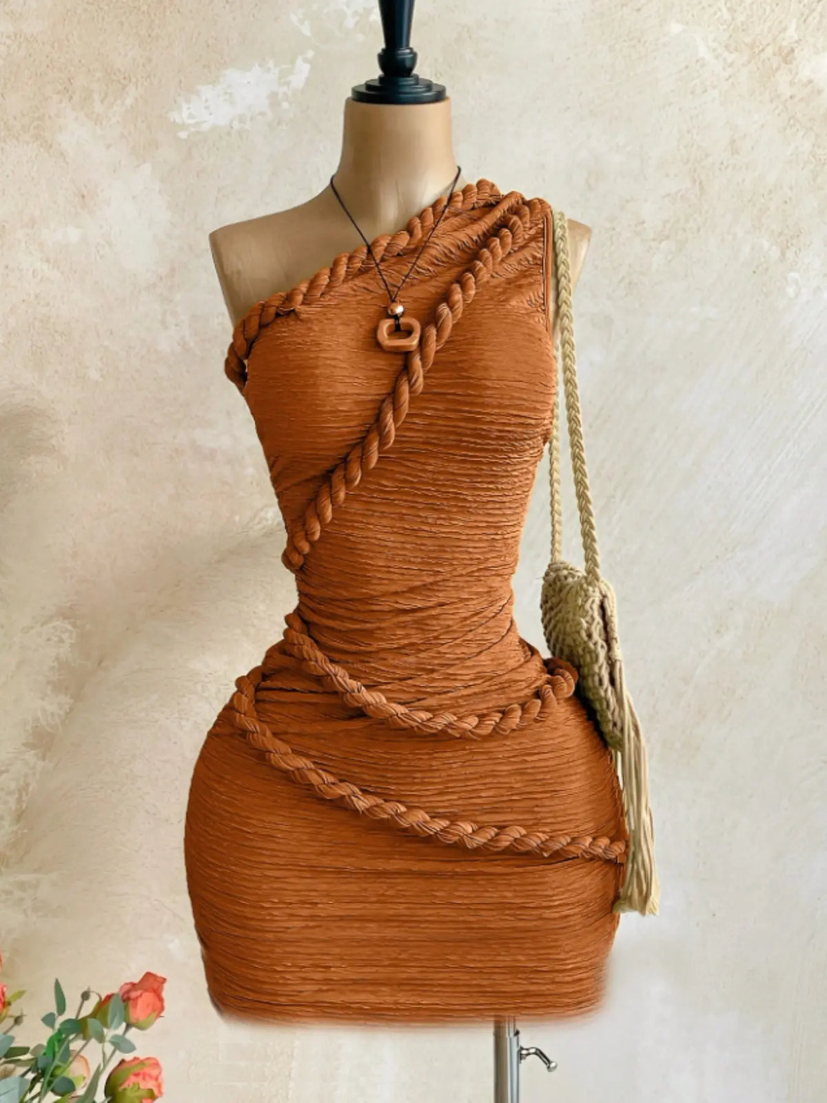 Elegant Bohemian Boho Style One-Shoulder Mini Dress, Women's Vintage Braided‑Trim Bodycon Dress, Casual Chic Fashion Dress for Summer Vacation & Beach Occasions
