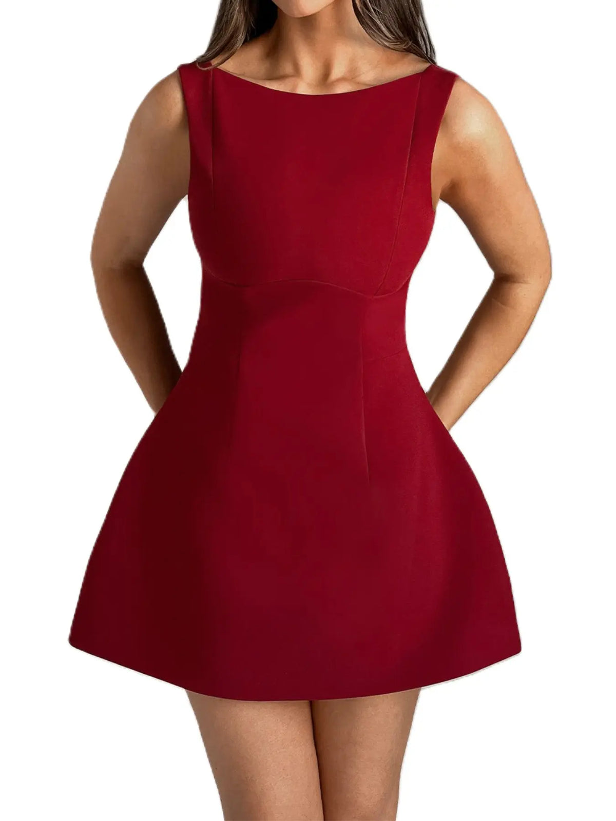 Women's Basic Solid Backless Boat Neck Tank A-line Dress, Street Fashion Casual Sleeveless Short Dress for Daily Outdoor Wear, Ladies Dress for Summer, Teacup Dress, Soul Dress, Womenswear, Beach Tank Dress, Beach Sundress
