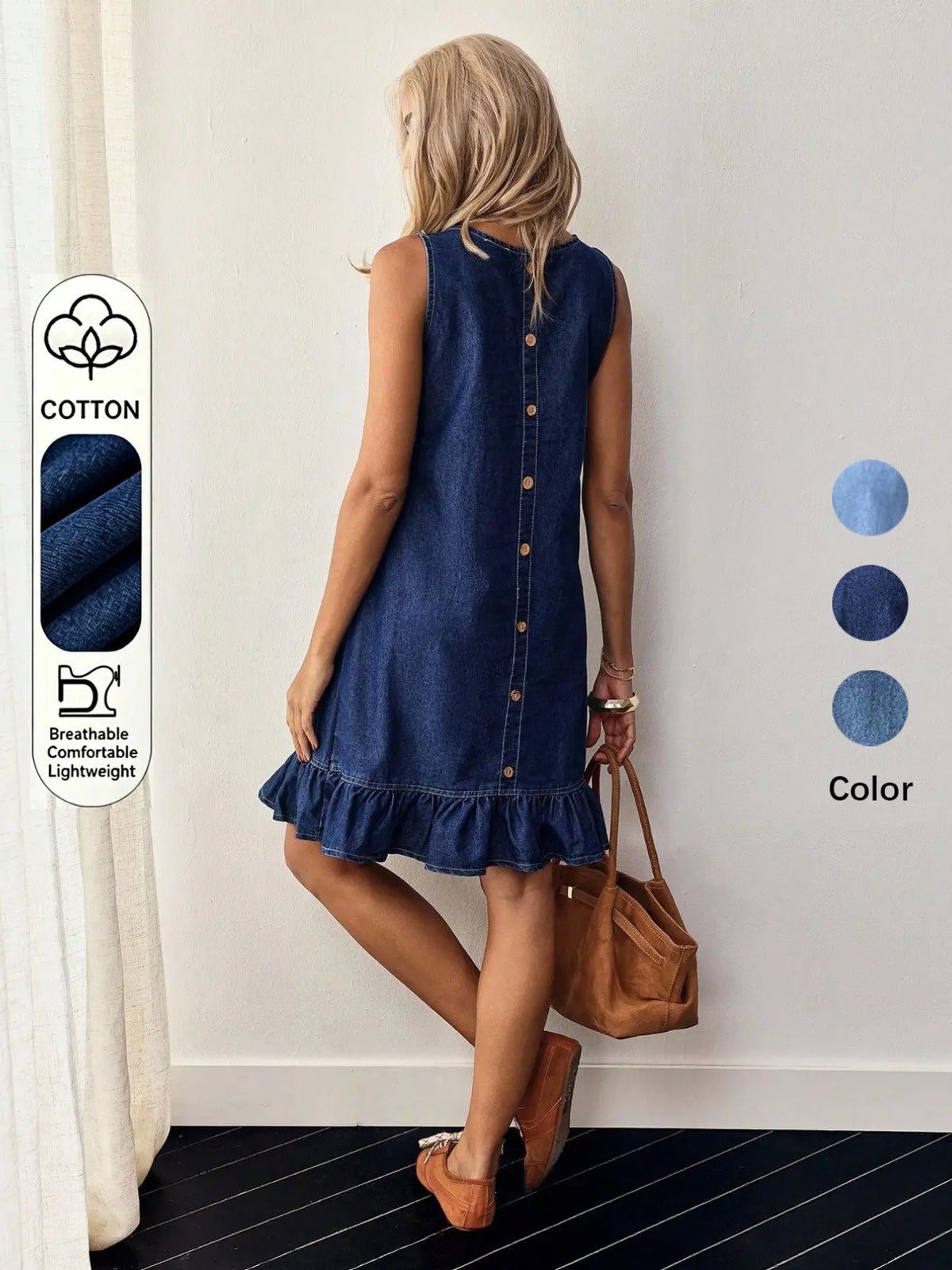 Women's Sleeveless Knee-Length Slimming Fit Button Back Ruffle Hem Denim Dress, Chic, Stylish, Elegant and Comfortable, Perfect for Casual Summer Wear, Ideal for Everyday Daily Wear, Trendy Fashion Choice, Sleeveless Jean Dresses