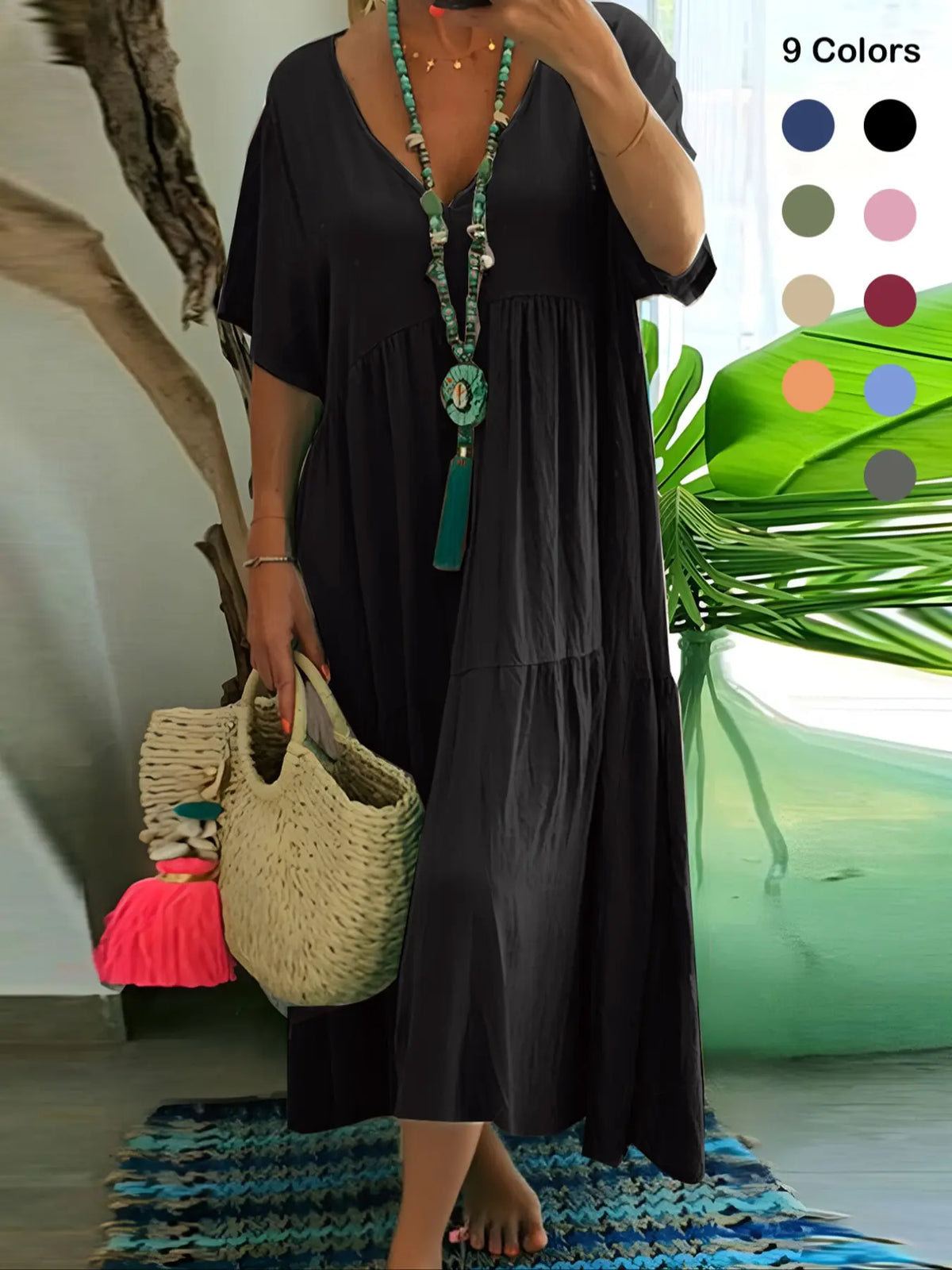 Plus Size Women's Summer Casual Loose V-Neck Plain Long Dress Boho Style, Short Sleeve, Tiered Layer, Spring & Fall Fashion Vibe
