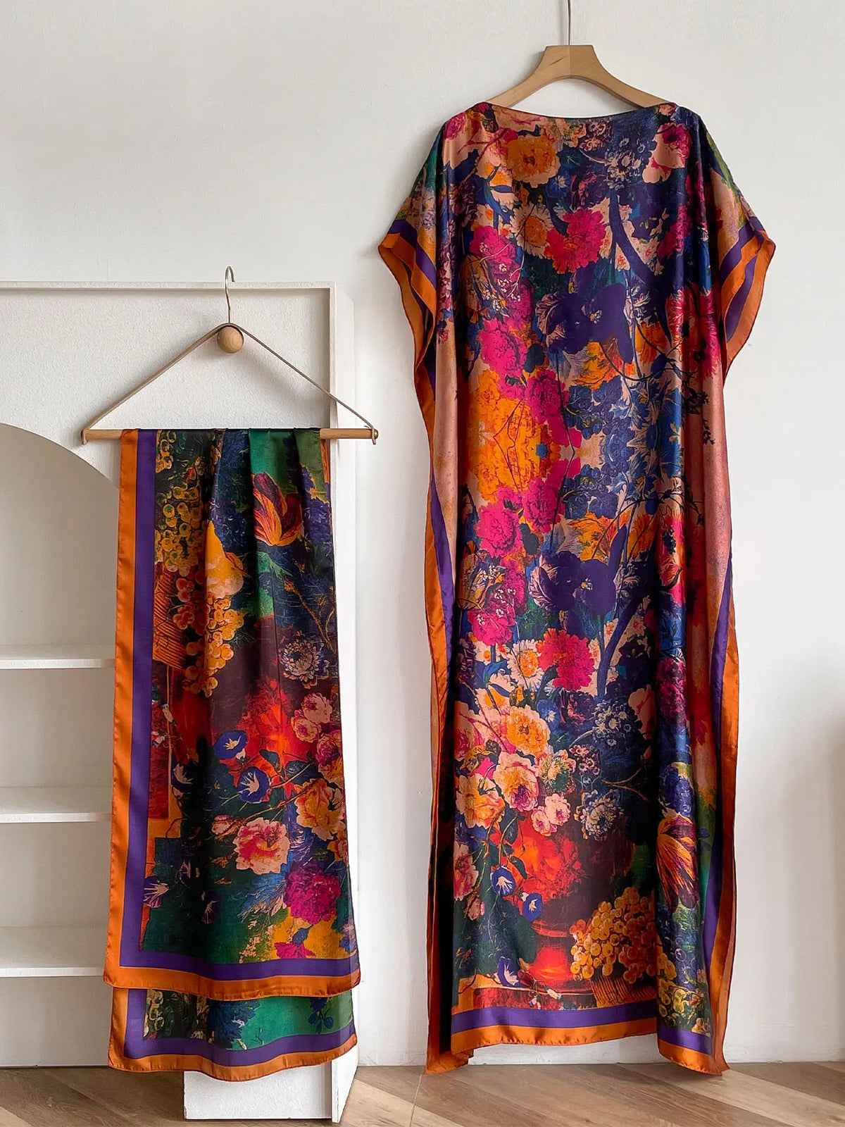 Women's Fashion Print Long Robe Outfit Set, Moomoo Dress + Scarf Headband, Casual Woven Fabric Thin All-Season Wear, Beach Sun Protection