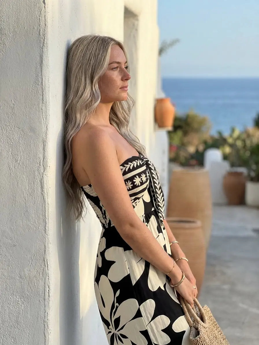 2026 Hawaii Couple Outfit Tribal Hibiscus Floral Print Bowknot Off the Shoulder Jumpsuit and Shirt Set