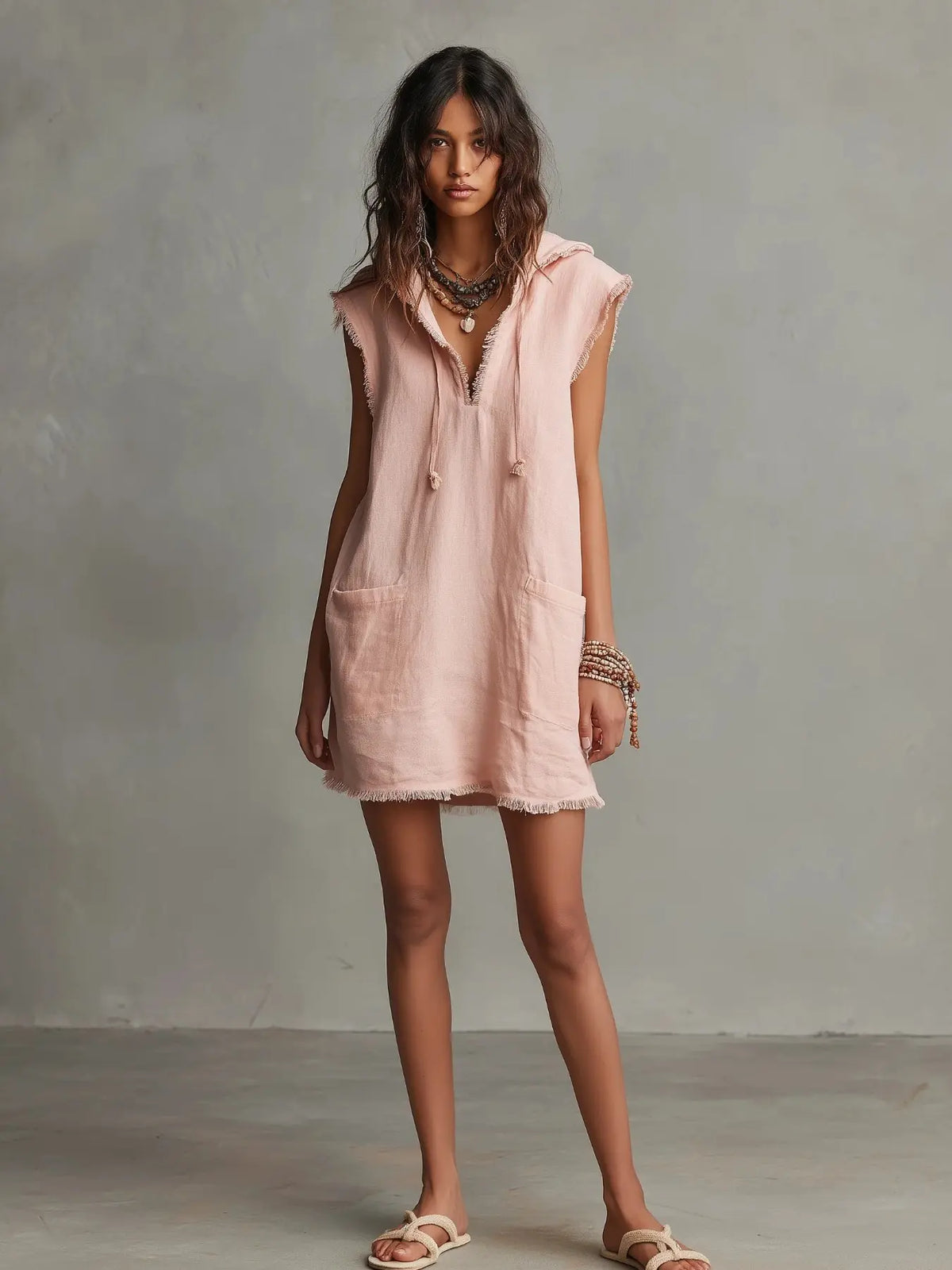 Minimalist Lightweight Linen Blend Sleeveless Dress with Hat, Summer V-Neck Frayed Edge Short Mini Dress, Women's Vacation