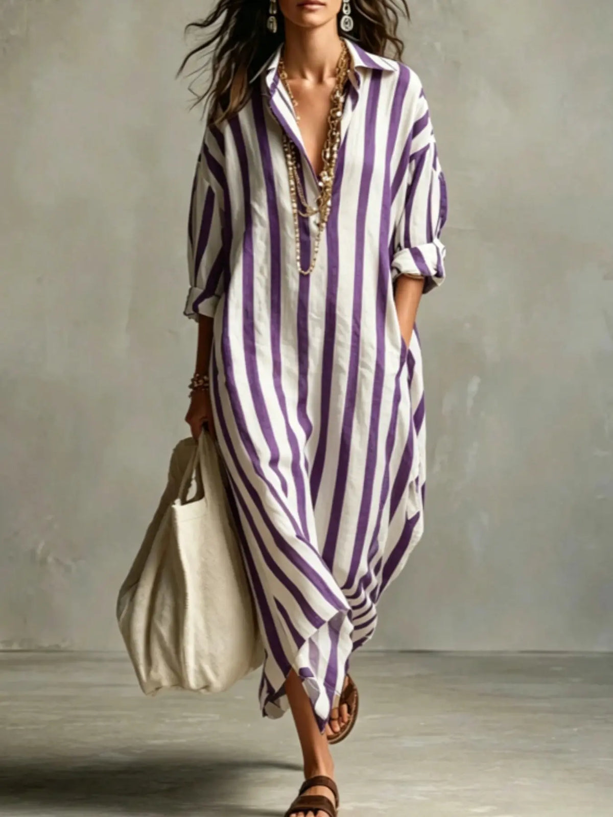 Summer Lightweight Loose Striped Long Shirt Dress, Women's Comfortable Stylish Collared Three-Quarter Sleeve Pocket Dress, Comfortable and Stylish, Casual Comfy Fashion