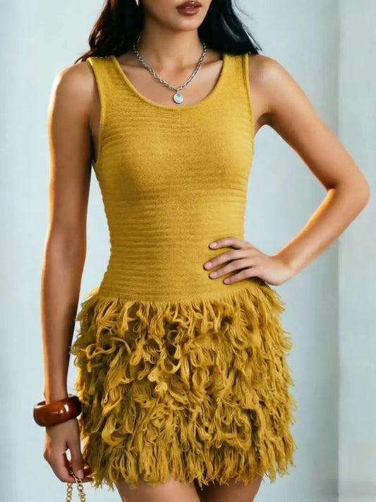 Elegant Knitted Dress for Women, Summer Vacation Fringe Dress, Slim-Fitting Bodycon Summer Dress, Plain Round Neck Sleeveless Dress for Spring & Summer