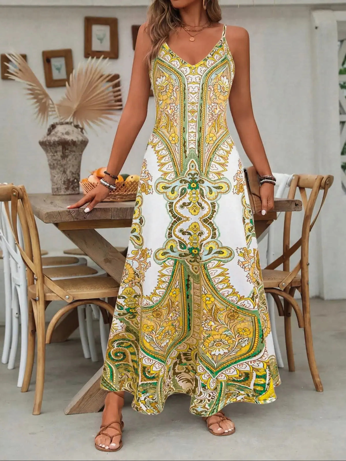 Women's Floral Print Lightweight Knit Dress, Boho Fashion Dress, Boho Style Bohemian Casual Sleeveless Spaghetti Strap Long Fitted Dress for Beach Holiday Vacation, Ladies Summer Clothes, Womenswear #GLOBAL PICKS