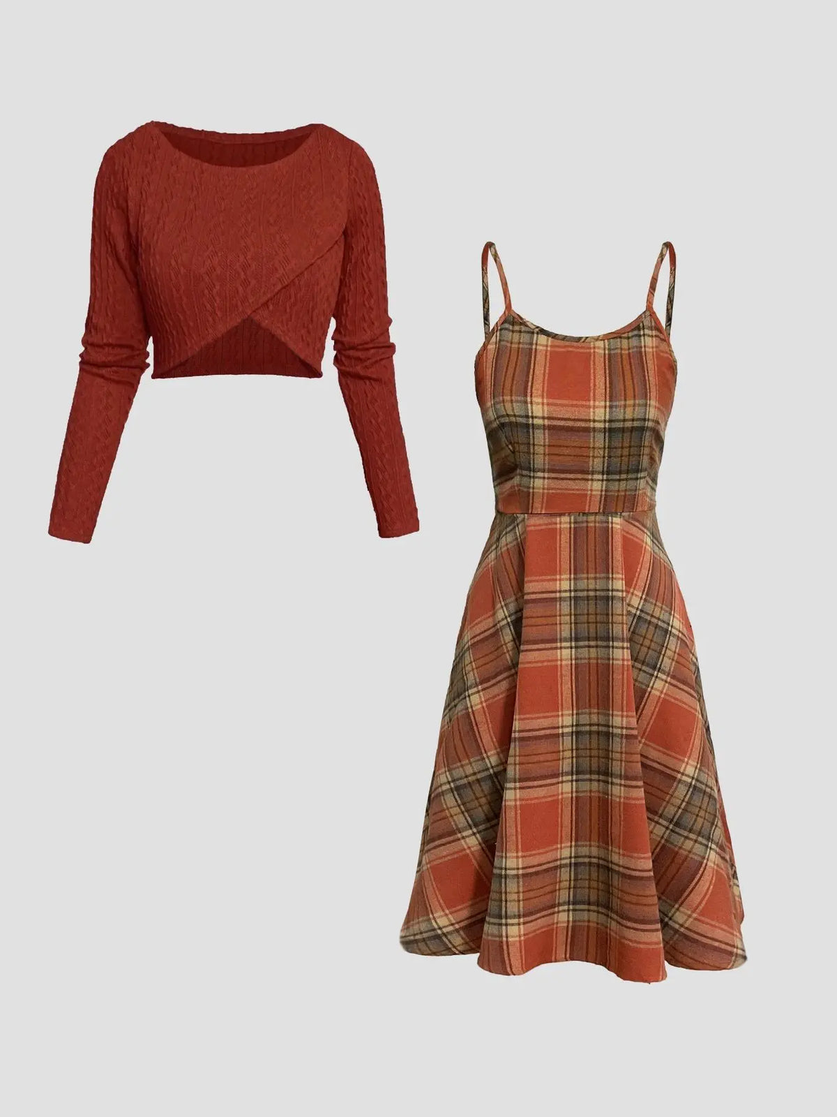 Women's Solid Wrap Hem Round Neck Textured Long Sleeve Crop Top & Plaid Print A-Line Dress Set, Preppy Fashion Cozy Stretchy Casual Chic Outfit for School, Daily & Casual Wear, Women's Clothing for Spring & Fall, Casual Lightweight Dress