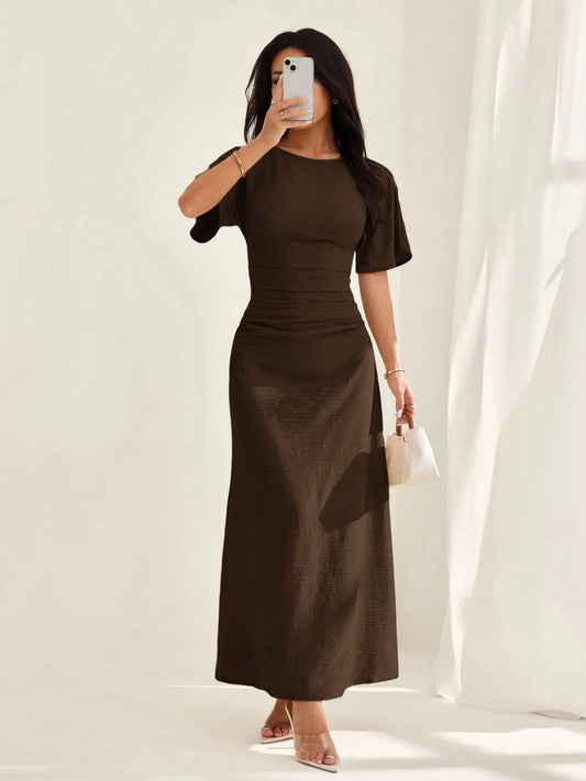 Women's Elegant Casual Summer Short Bodycon Plain Ruched Round Neck Dress, Lady, Solid Pattern, No Ca Prop 65, Stylish Design, Perfect for Warm Weather, Comfortable & Chic, Womenswear