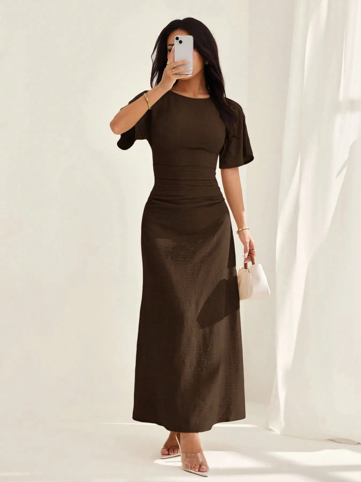 Women's Elegant Casual Summer Short Bodycon Plain Ruched Round Neck Dress, Lady, Solid Pattern, No Ca Prop 65, Stylish Design, Perfect for Warm Weather, Comfortable & Chic, Womenswear